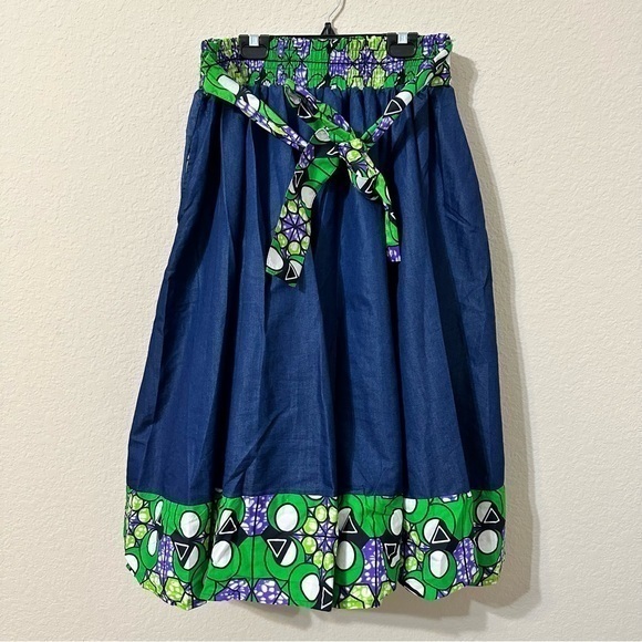 Jean & Green Geometric Print Full Circle Skirt With Tie Bow Front Pockets Retro - Picture 1 of 6